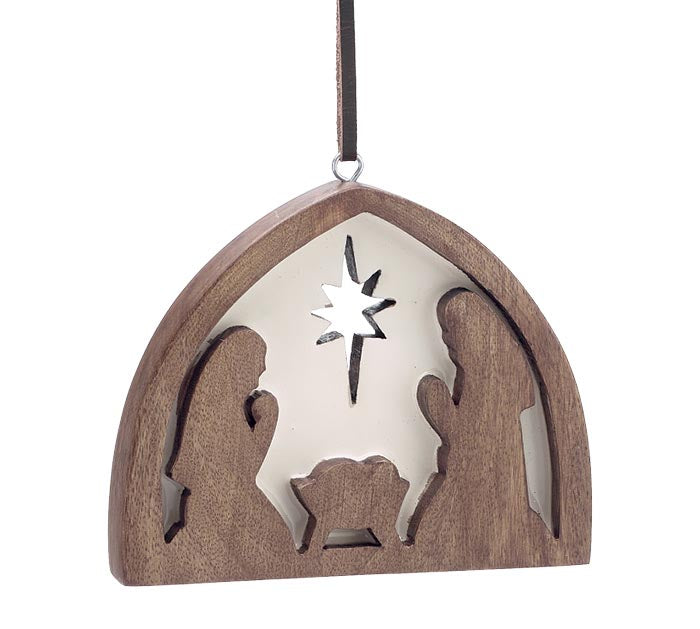 Christmas Ornament Holy Family Nativity Wood Lacquer 4" X 5"9748728