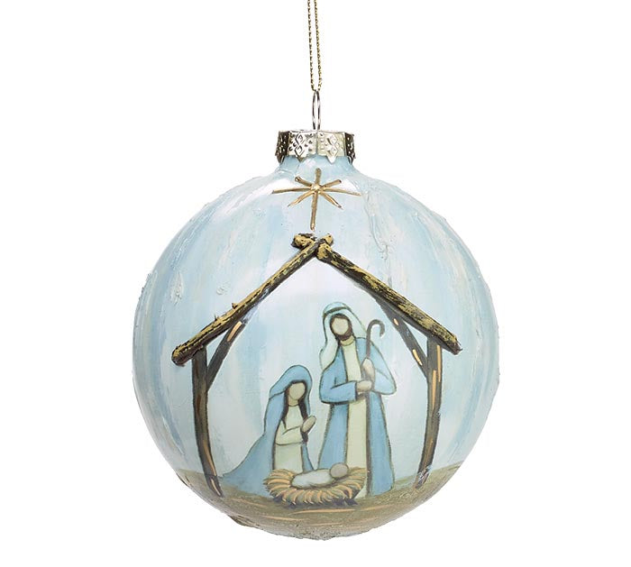 Christmas Ball Manger scene Light Blue Glass 4" 9750699