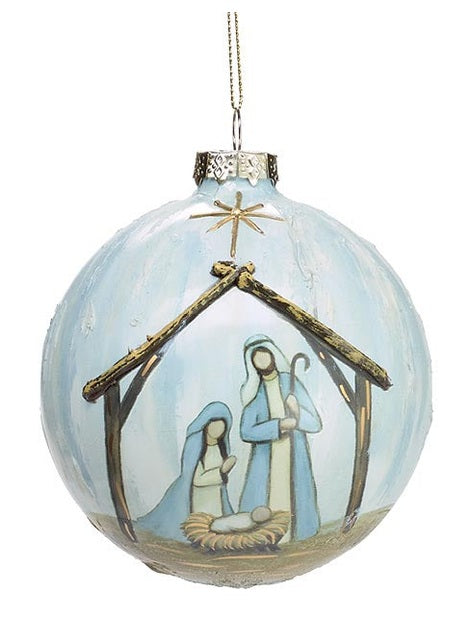Christmas Ball Manger scene Light Blue Glass 4" 9750699