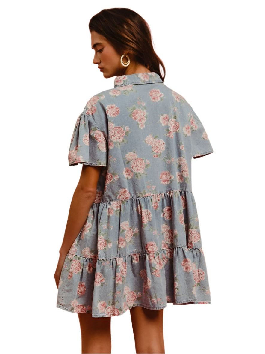 Dress Light Blue Floral Mini Lightweight Tiered Id1532g-07