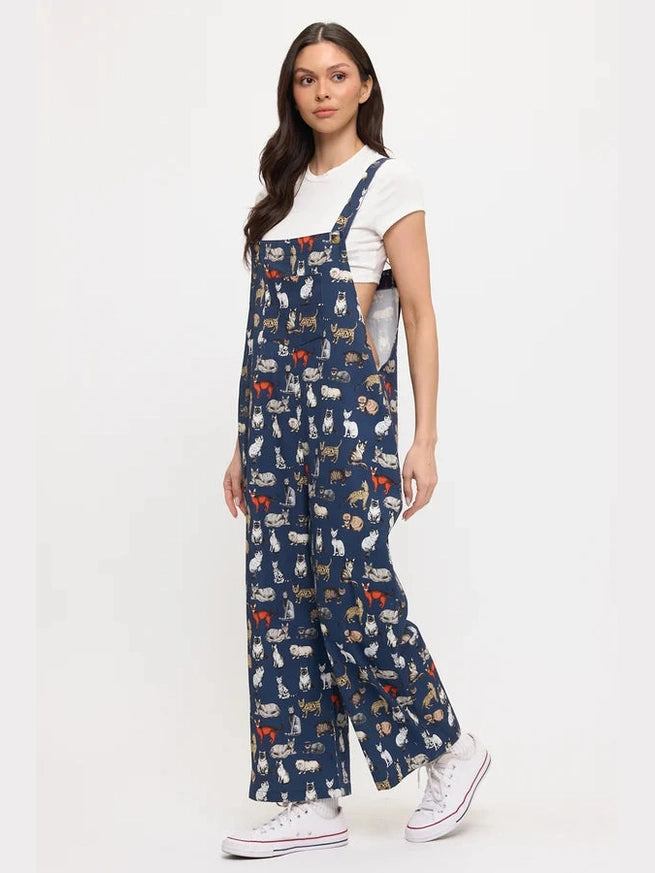 Overalls Dark Blue Cat Print Women's SM26094