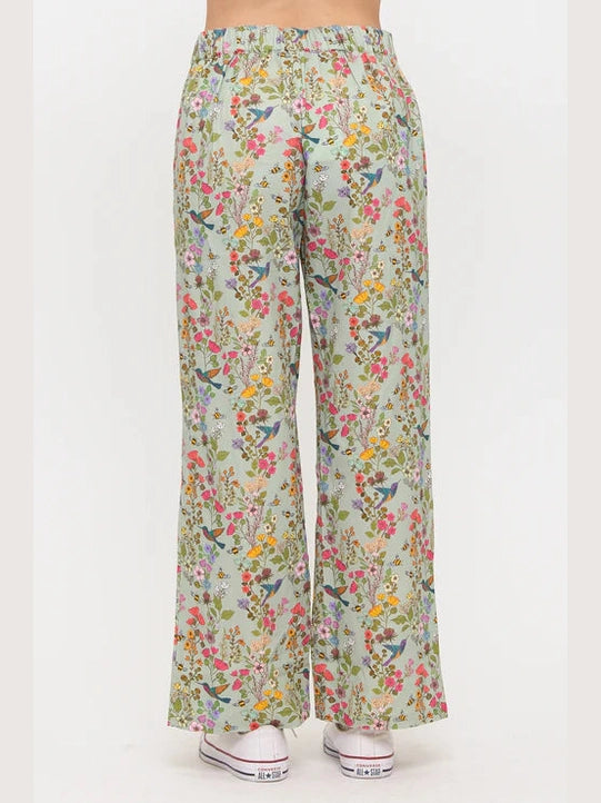 Pants Wide Leg Green Hummingbird Print Women's SM26091