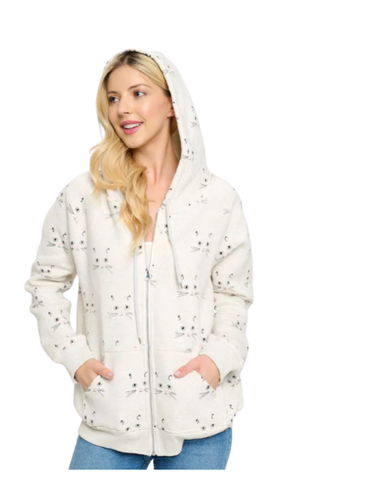 Jacket With Hood 2 Pocket Zipper Front Cats Whiskers Women's HO100
