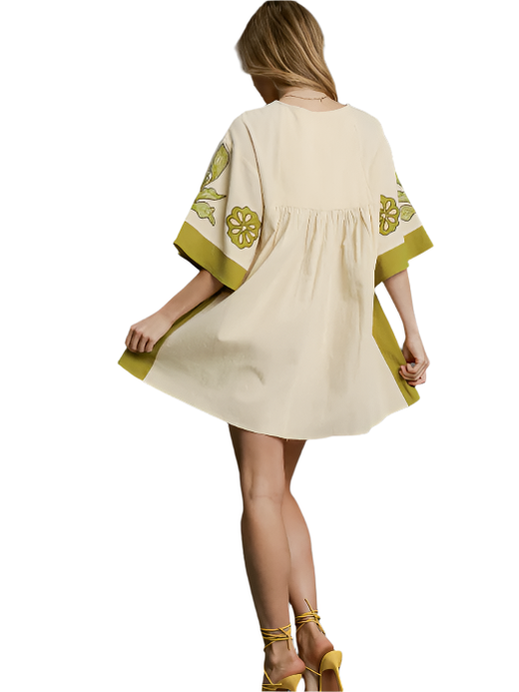 Dress Mustard Green Embroidered Pin Tuck Wide Sleeve V-Neck C4383