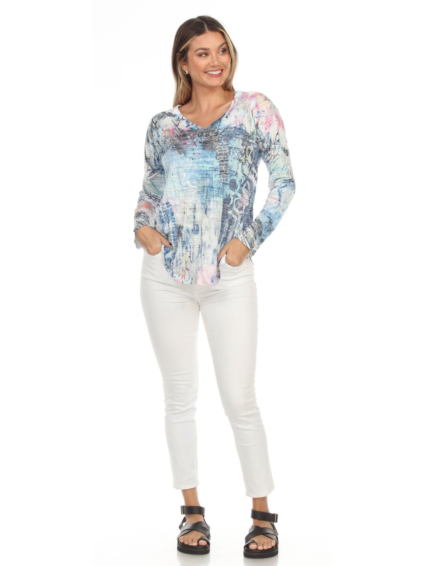 Women's Long Sleeve White/ Blue Multicolored V-Neck Top