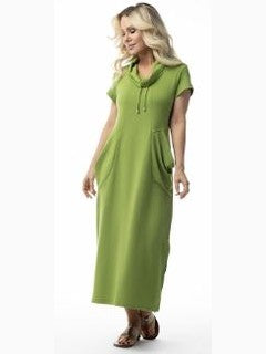 Pure Essence-Dress Long Pullover Lime Green Cowl Neck/Draw String 2 Pocket 1/4 Sleeve 112-5139