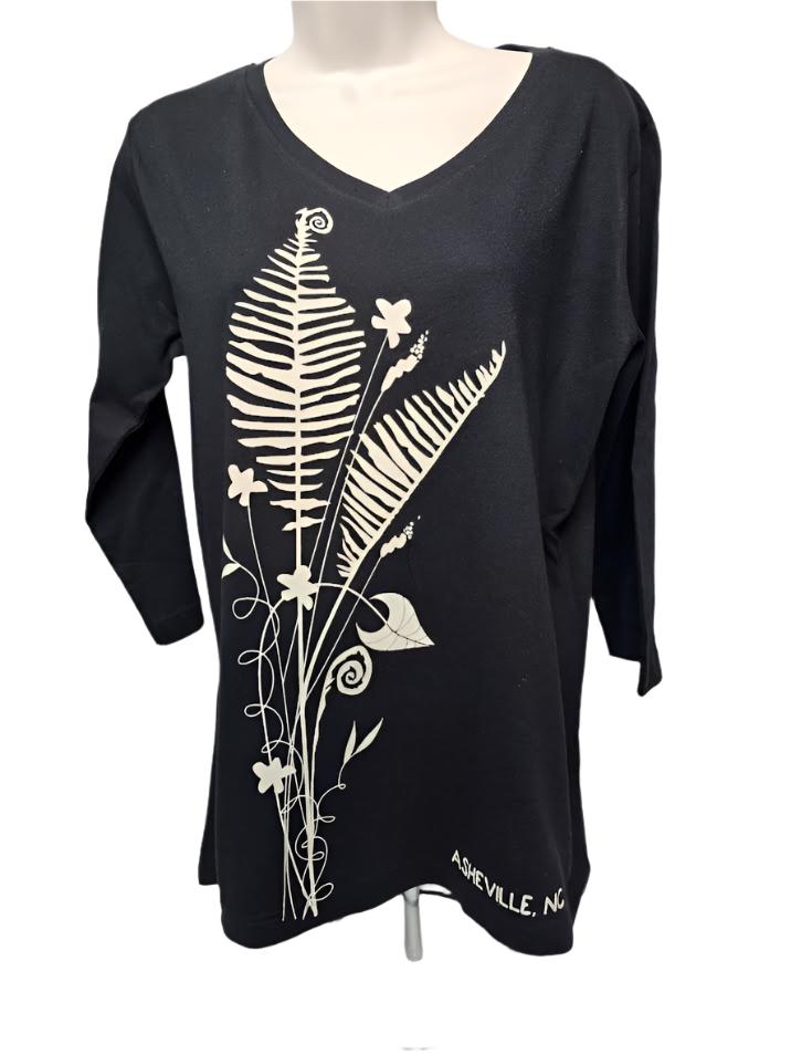 Shirt 3/4 Sleeve V-Neck Fern 2 Natural on Black LQV Ladies Fit Asheville, NC name drop