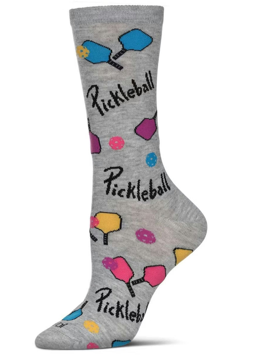 Women's Sock Light Grey Heather Pickle Ball Paddle Bamboo Crew 9-11 Mcv08514
