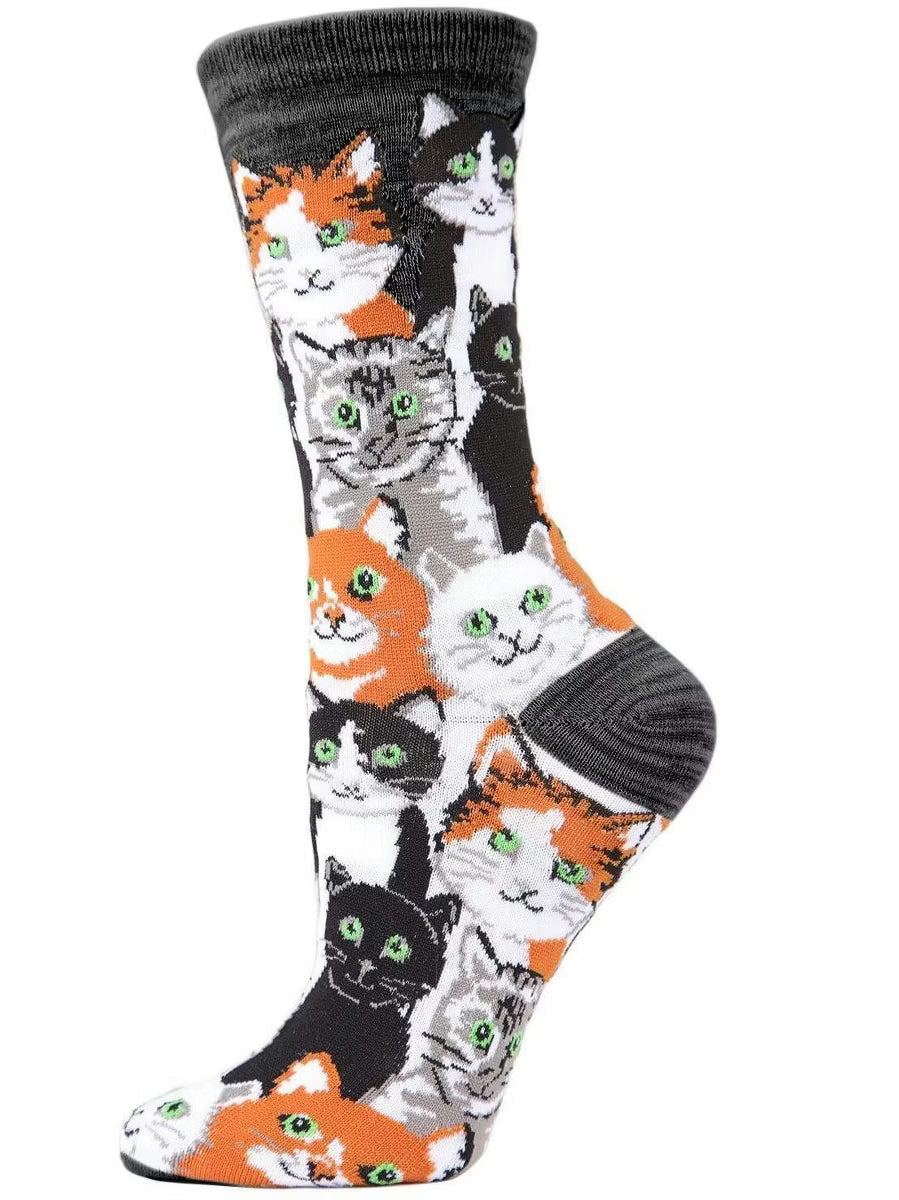 Women's Sock Black Multi Cat Bamboo Crew 9-11 Mcv05610