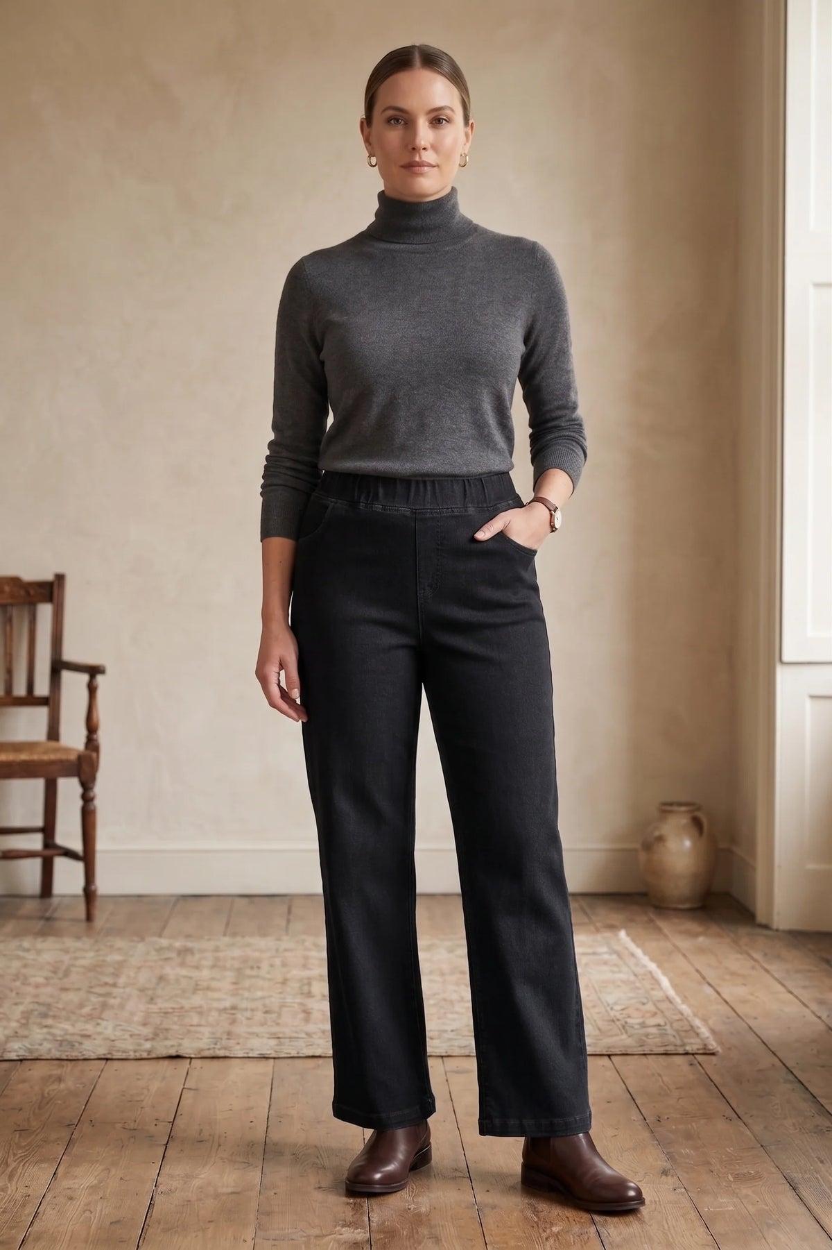 Pants Black Stretch Denim Pull On D55BK