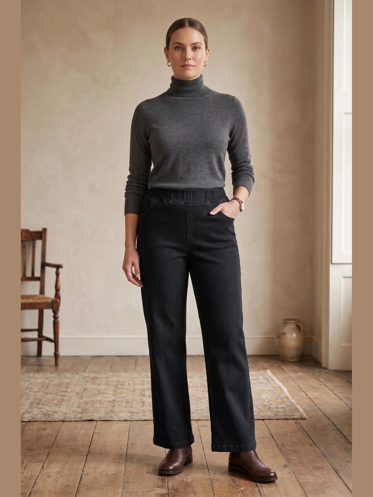 Pants Black Stretch Denim Pull On D55BK
