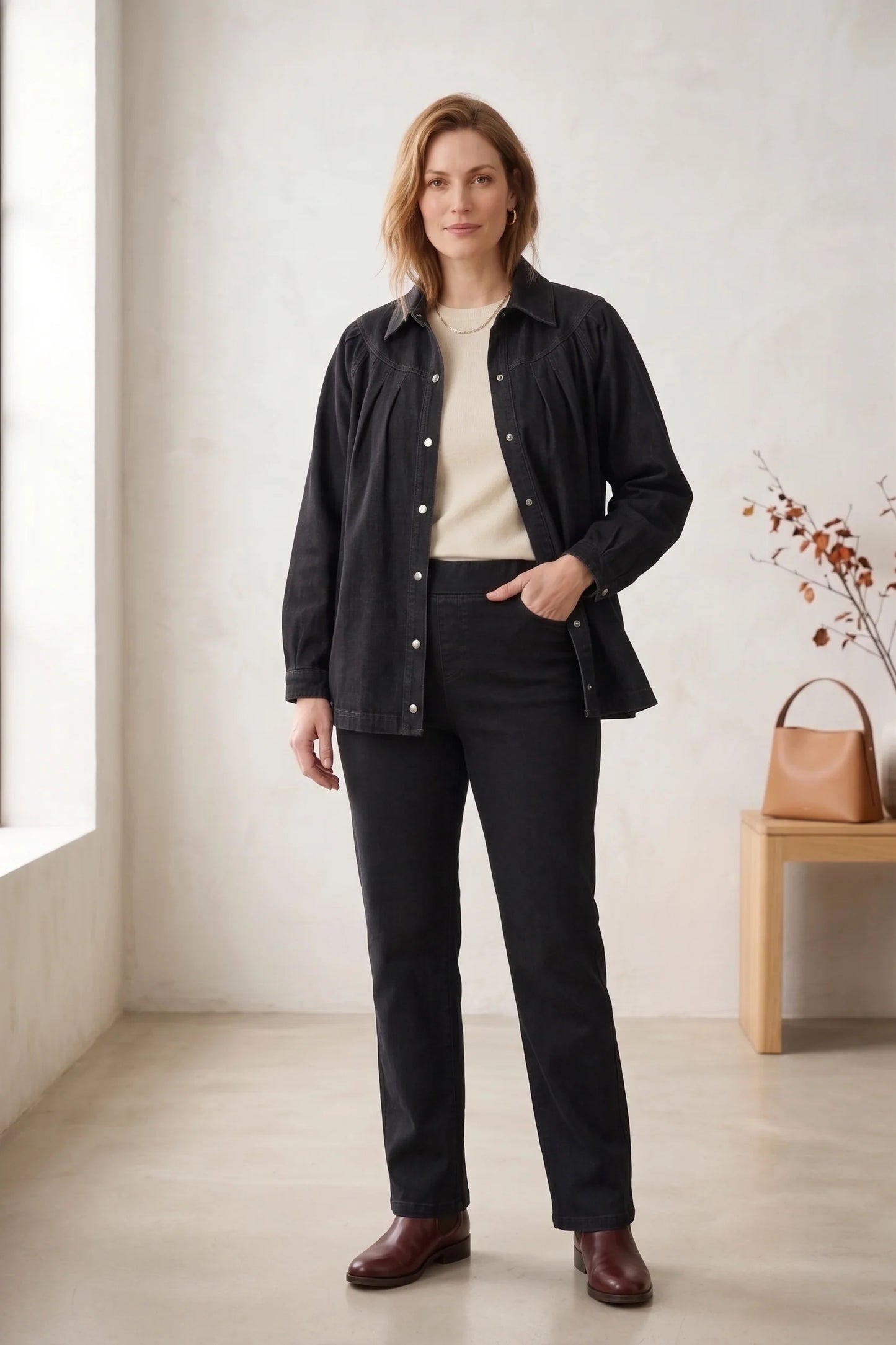 Jacket Pleated Black Snap Front Yoke Stretch Denim D43BK
