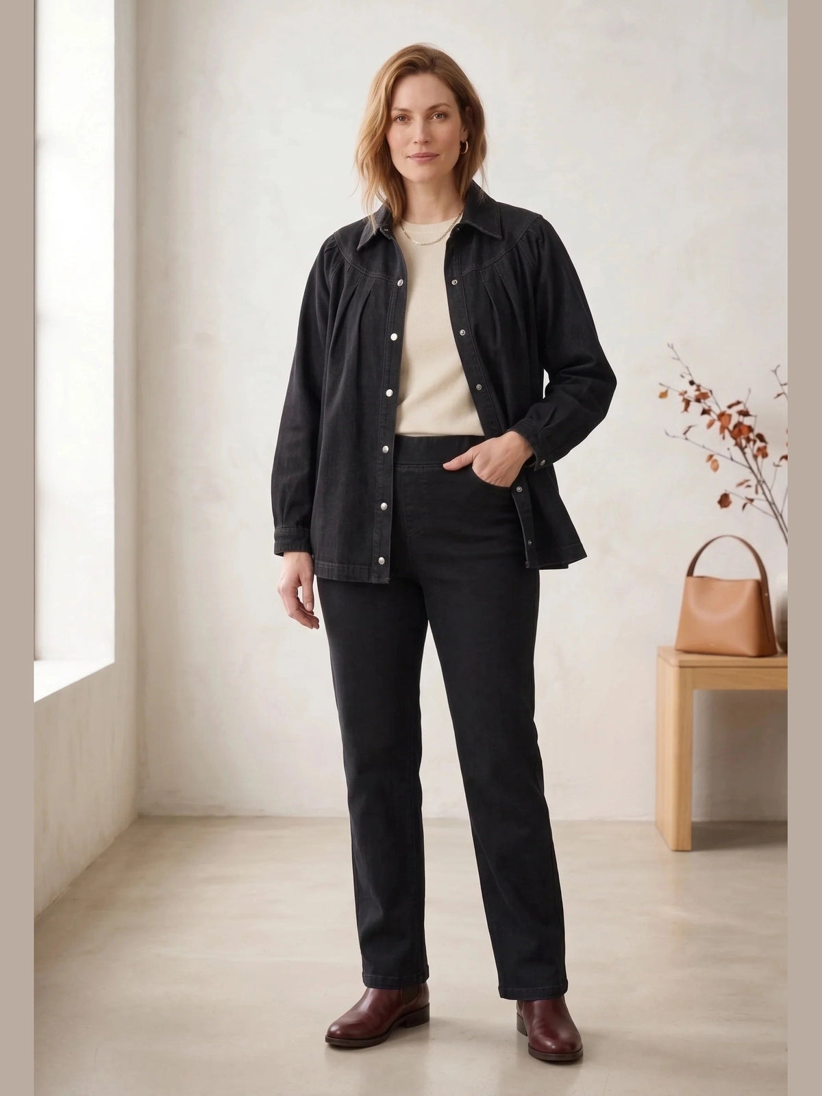 Jacket Pleated Black Snap Front Yoke Stretch Denim D43BK
