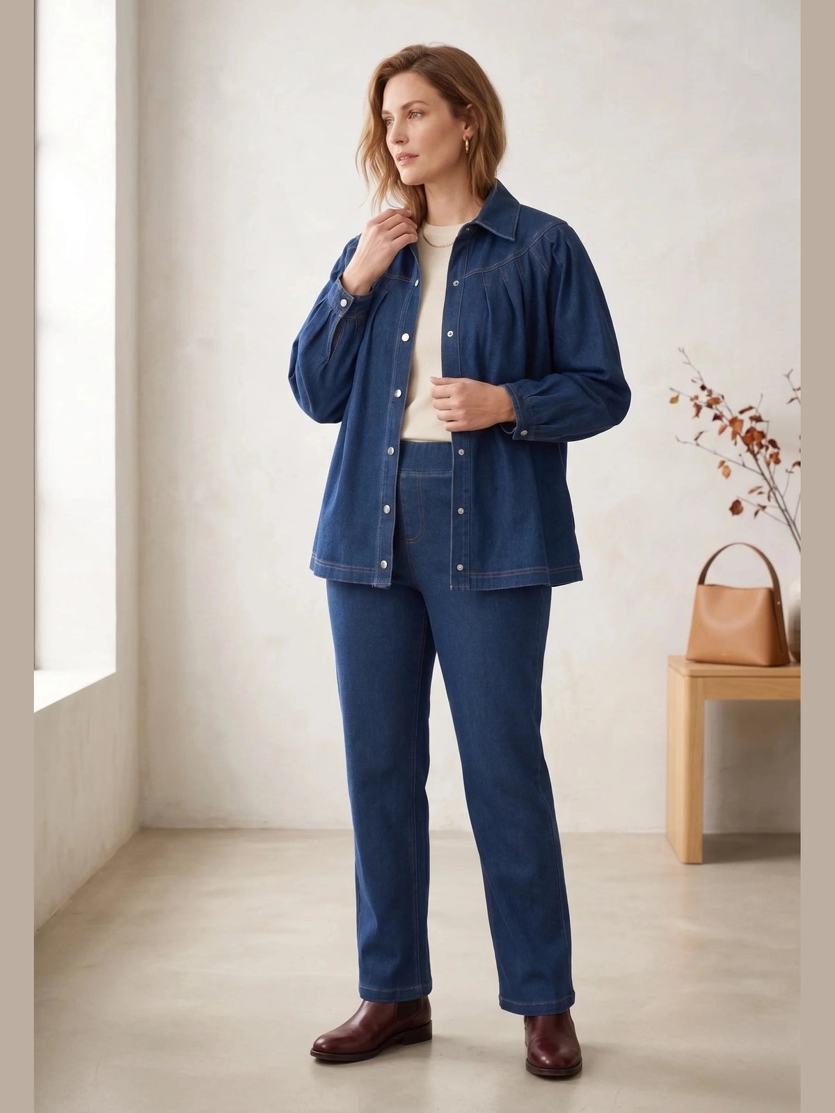 Jacket Pleated Indigo Blue Snap Front Yoke Stretch Denim D43BL