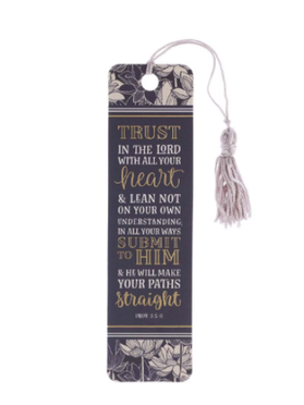 A navy and ivory bookmark with a floral pattern and gold foil lettering, featuring a light grey tassel and the text 'TRUST IN THE LORD WITH ALL YOUR HEART AND LEAN NOT UPON YOUR OWN UNDERSTANDING; IN ALL YOUR WAYS SUBMIT TO HIM, AND HE WILL MAKE YOUR PATHS STRAIGHT' from Proverbs 3:5-6.