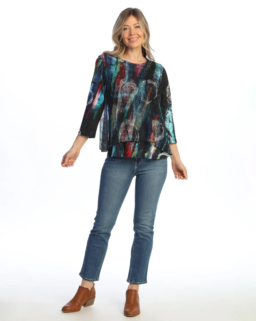 Jess & Jane-Km7-2122 Windsor Multi Colored W Bounce Mesh Overlay 3/4 Sleeve Women's Top