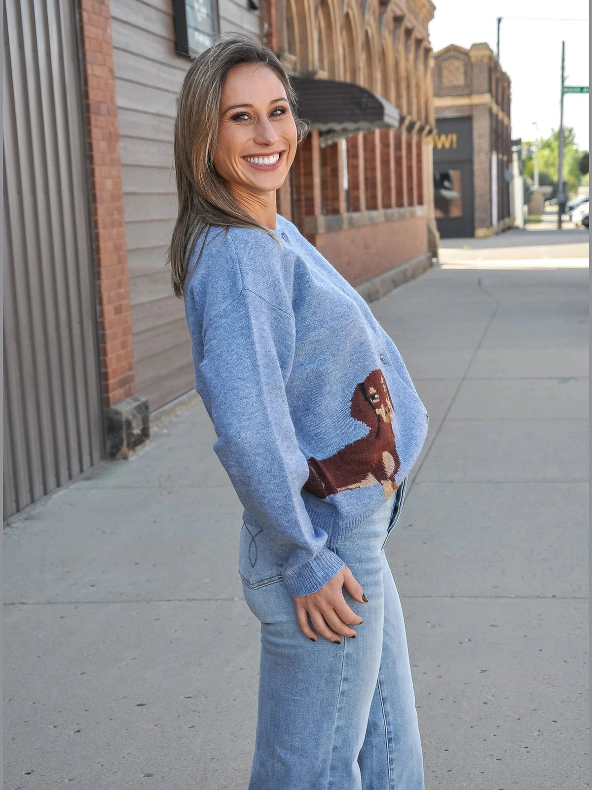 Cardigan Light Blue /Brown Dog Long Sleeve Women's 56419