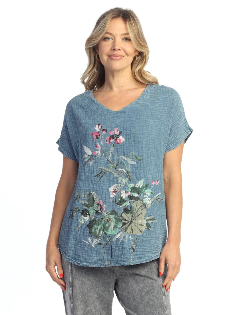 M104-2095 Riena Blue Floral Double Gauze Short Sleeve Women's Top