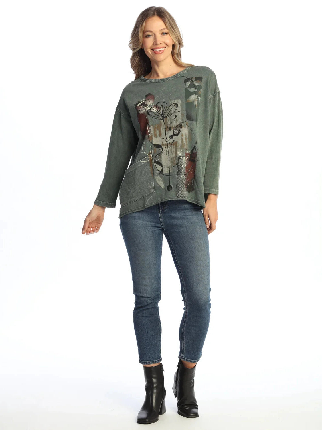 M111-2163 Olive Antigua 1 Pocket Long Sleeve French Terry Women's Top