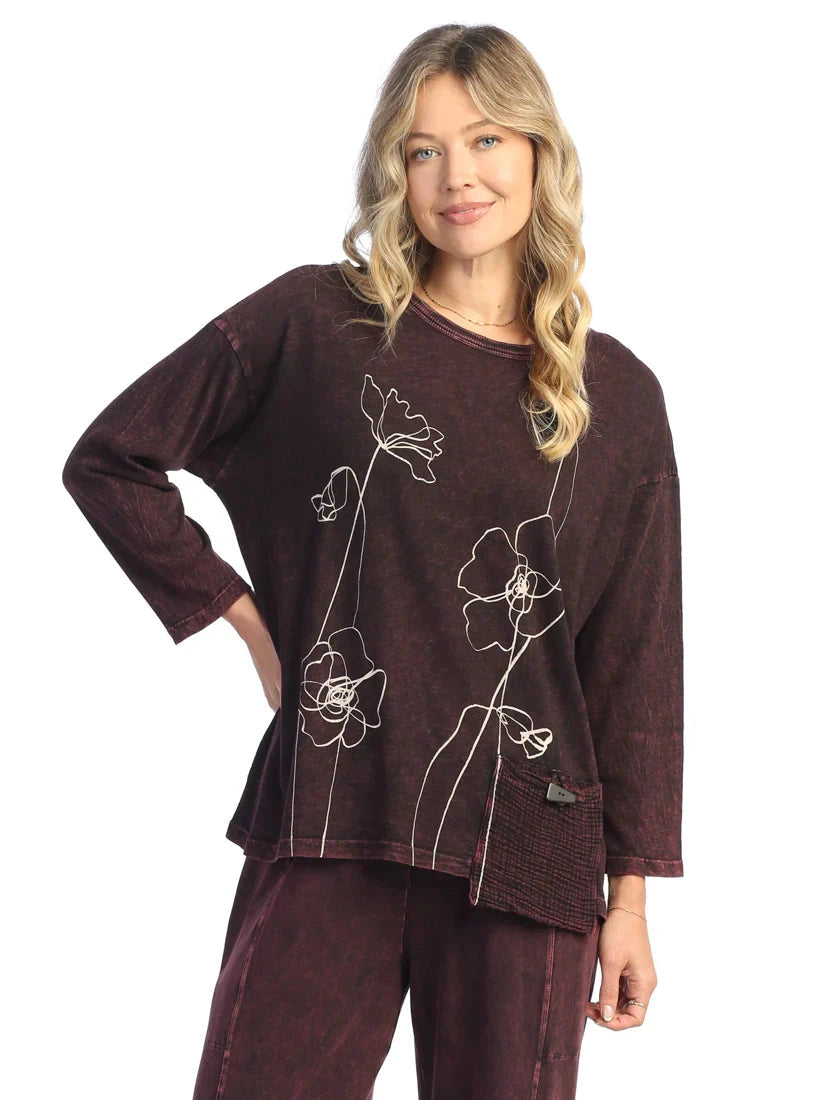 M112-2033 Wine Sketch Flower Print Mineral Washed Long Sleeve 1 Pocket Tunic Women's