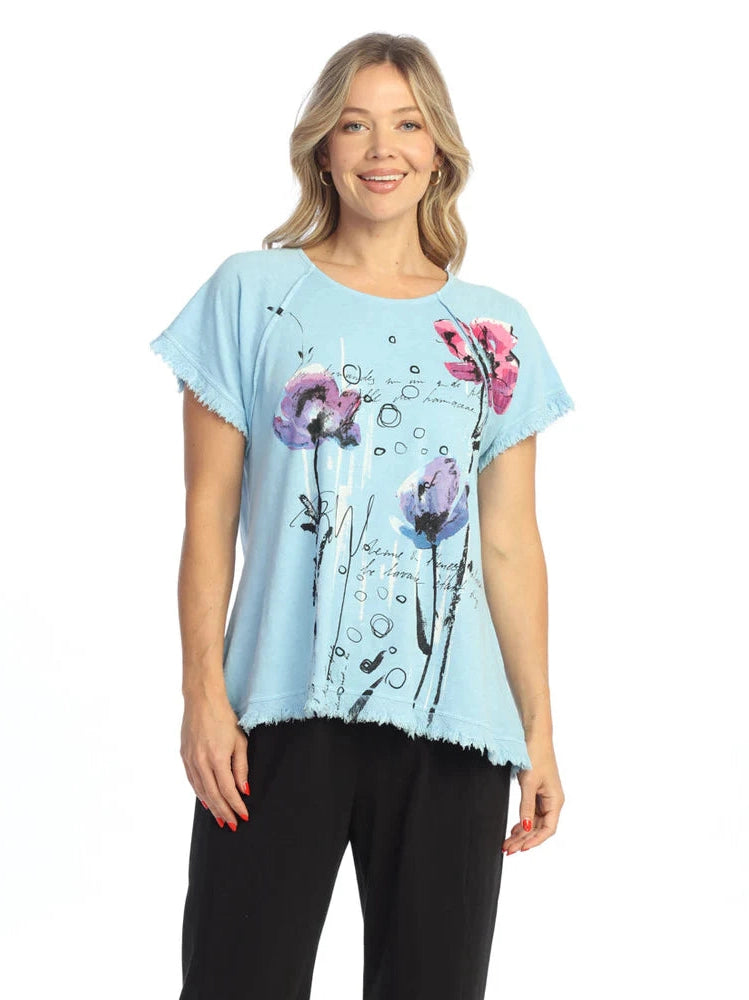 M115-2097 Post Card Light Blue Flower Print Short Sleeve Pullover Women's