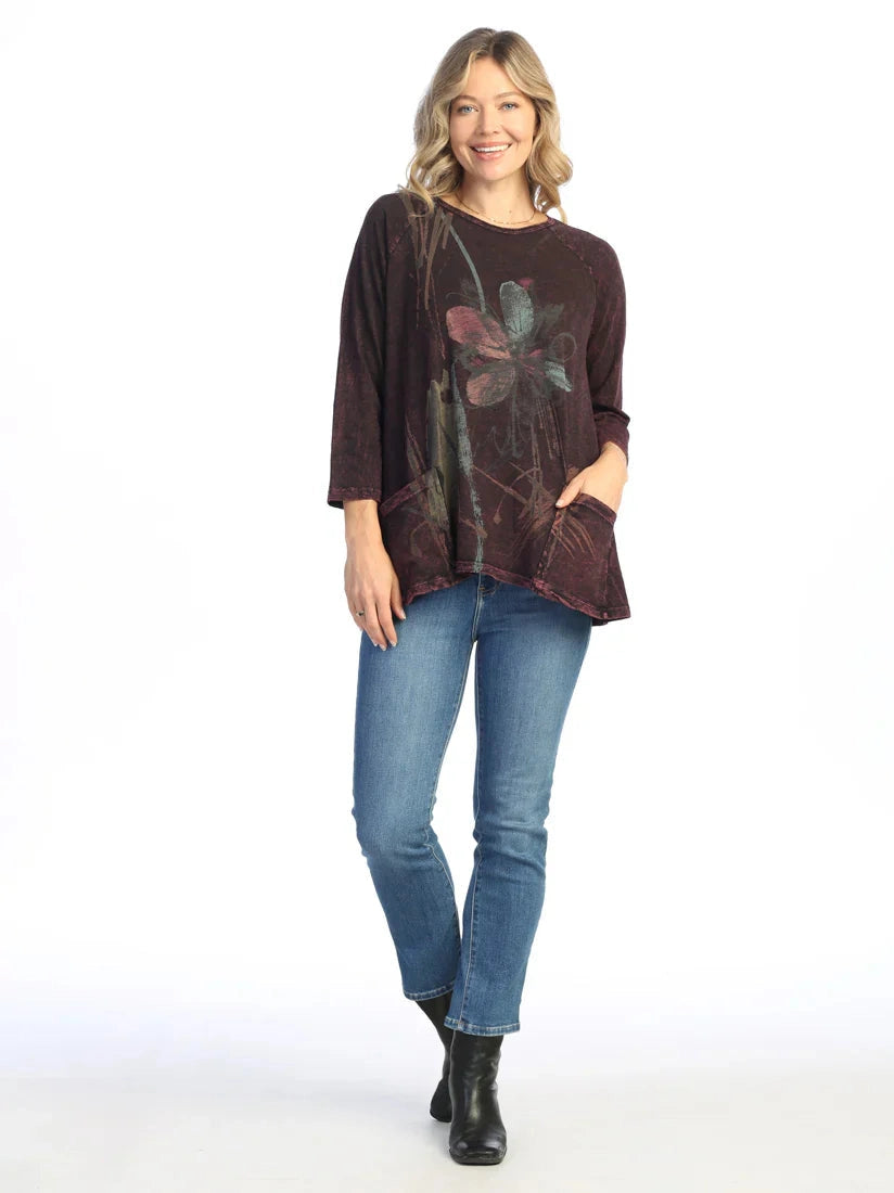M12-2046 Wine Field Notes Flower Print 2 Pocket Tunic Women's Top