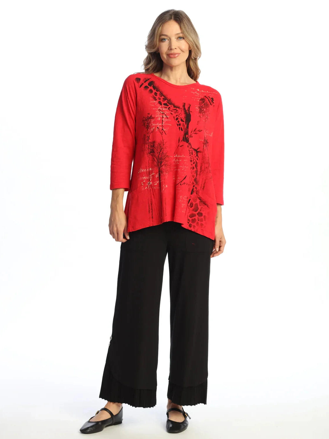 M12-2157 J Red Safari Giraffe Print 2 Pocket Tunic Women's Top