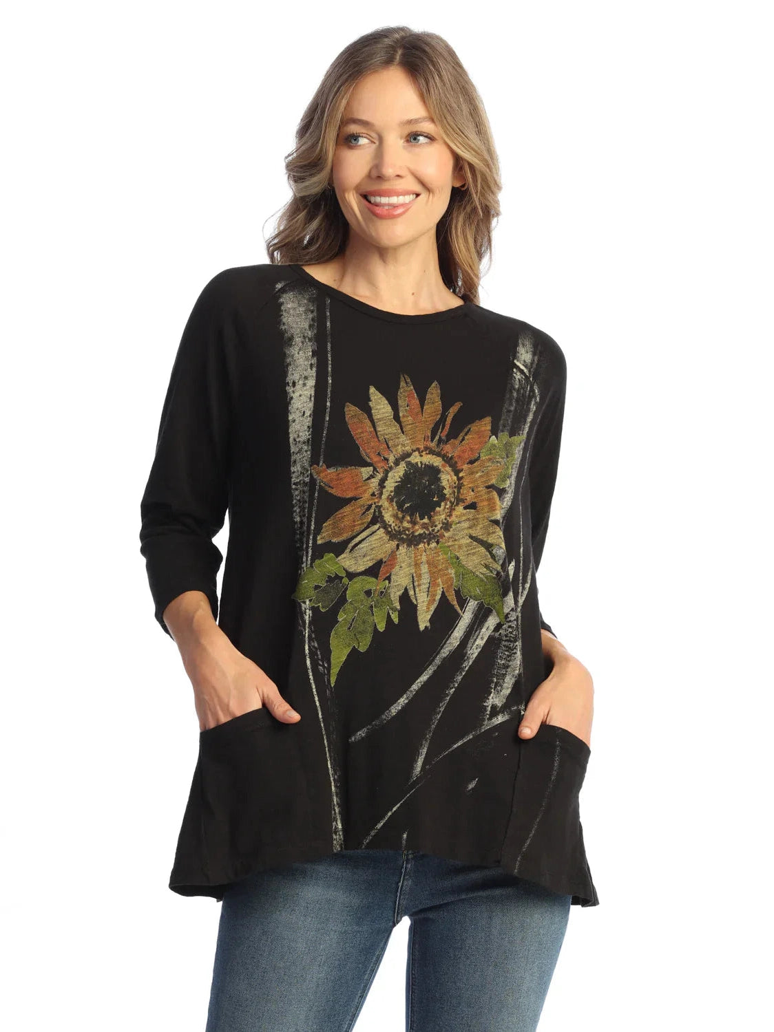 M12-2159 Jet Black Sunburst Flower Print 2 Pocket Tunic Women's Top