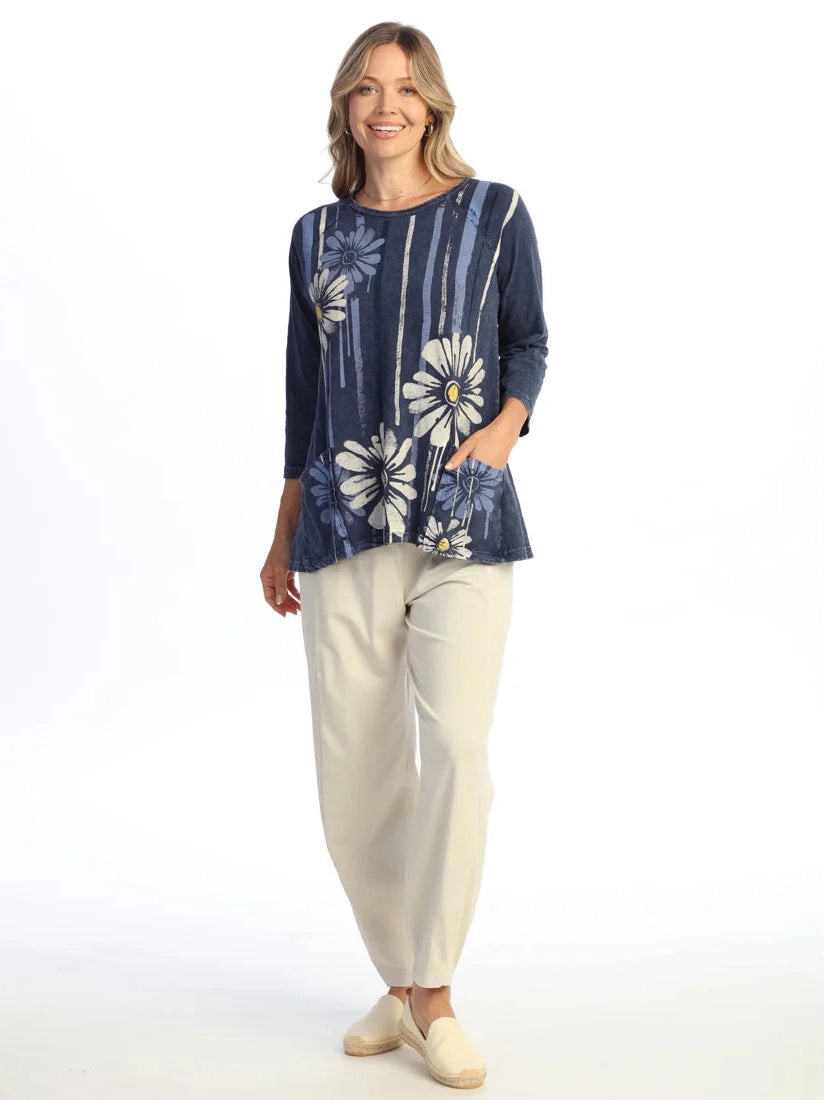 M12-2211 Groovy Denim Blue Sun Flower Print 2 Pocket Tunic Women's Top