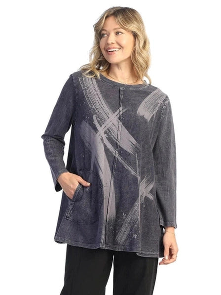 M121-2027 Violet Drama Terry Top 1 Pocket Long Sleeve