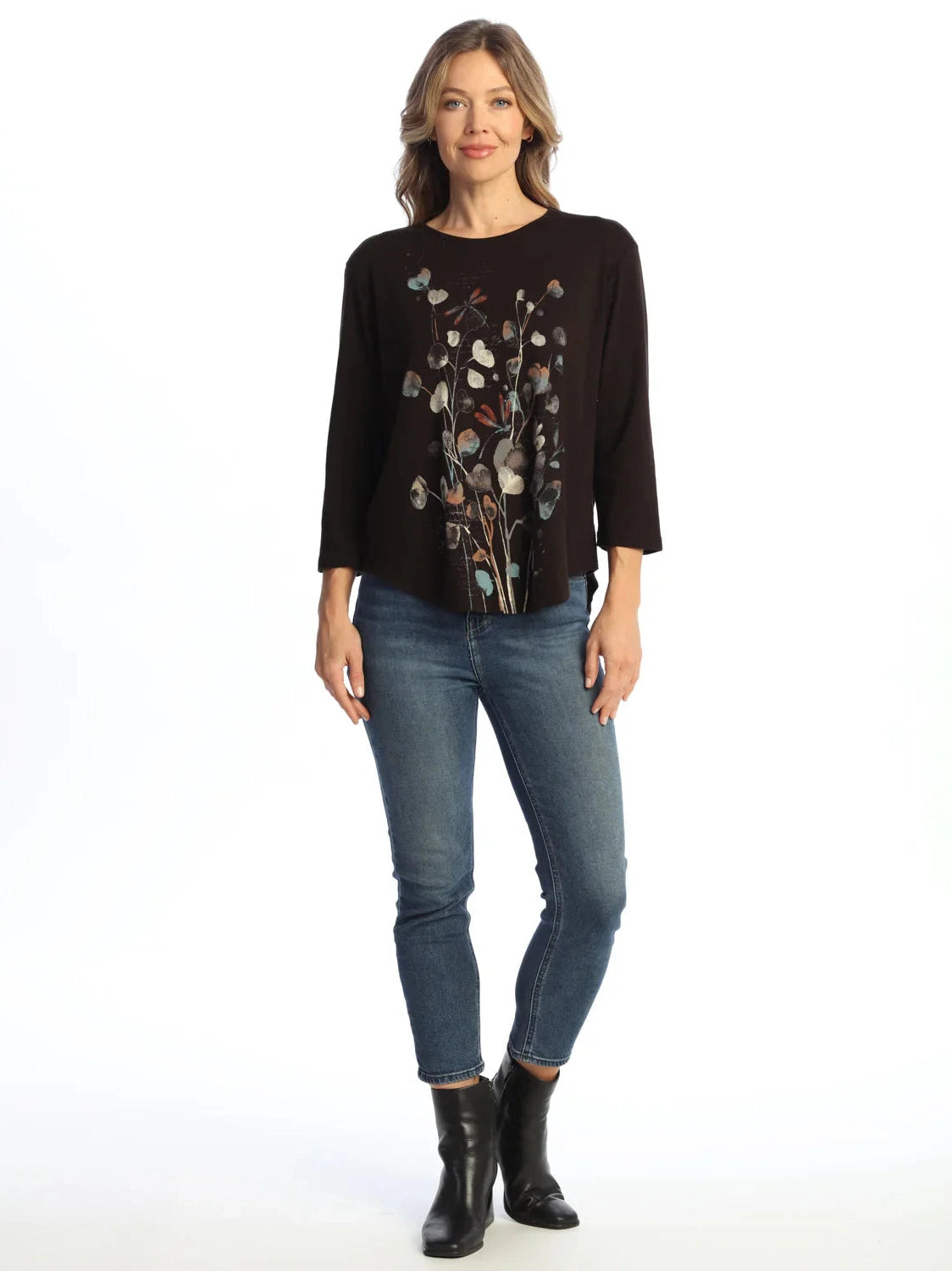 M80-2161 Jet Black Marisol Curved Hem Flower 3/4 Sleeve Tunic Women's Top