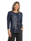 M80-2280 Denim Blue Allure Retro Curved Hem 3/4 Sleeve Tunic Women's Top