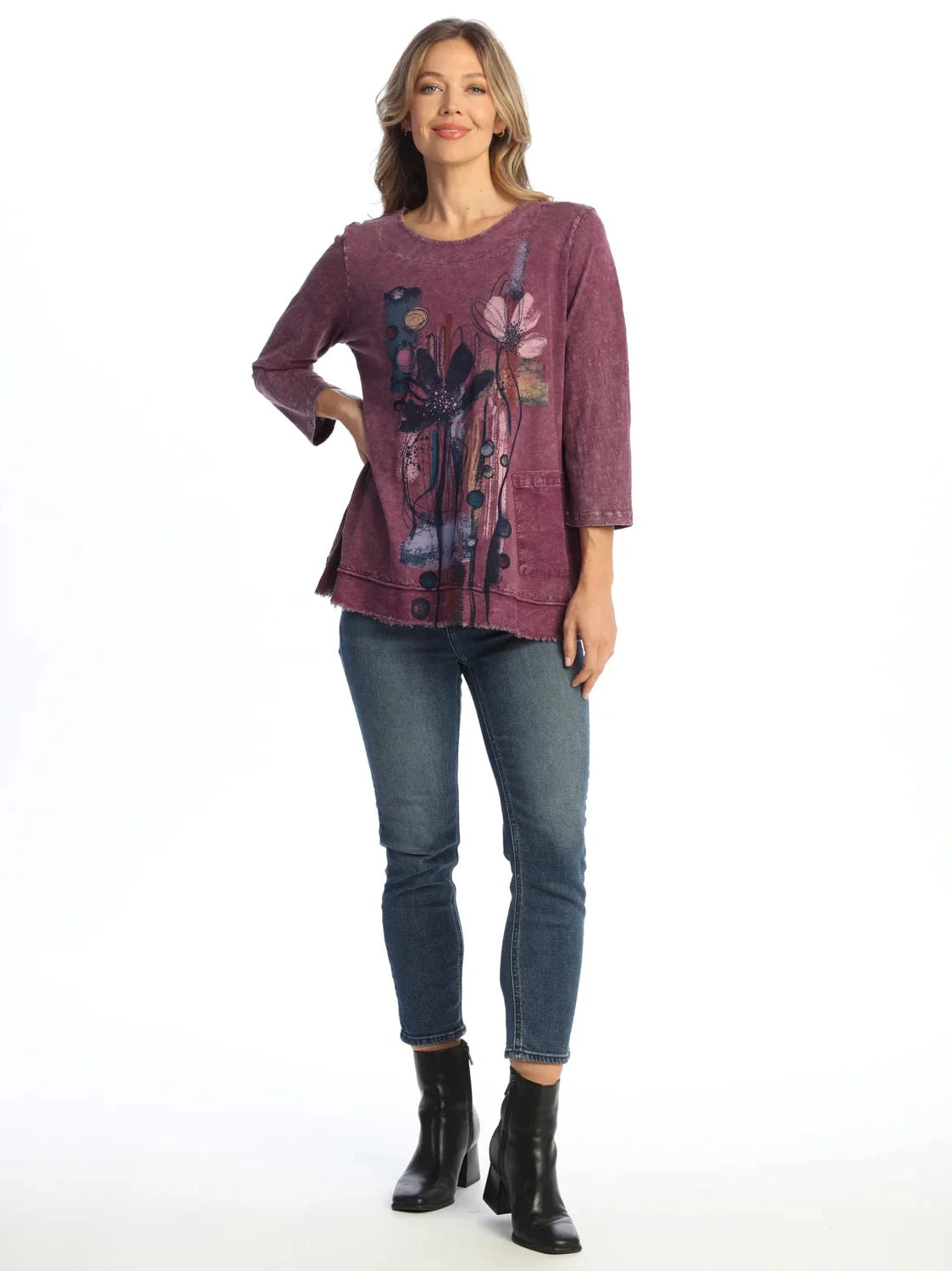 M94-2153 Plum Lllian Mineral Washed Flower 3/4 Sleeve 1 Pocket Tunic Women's Top