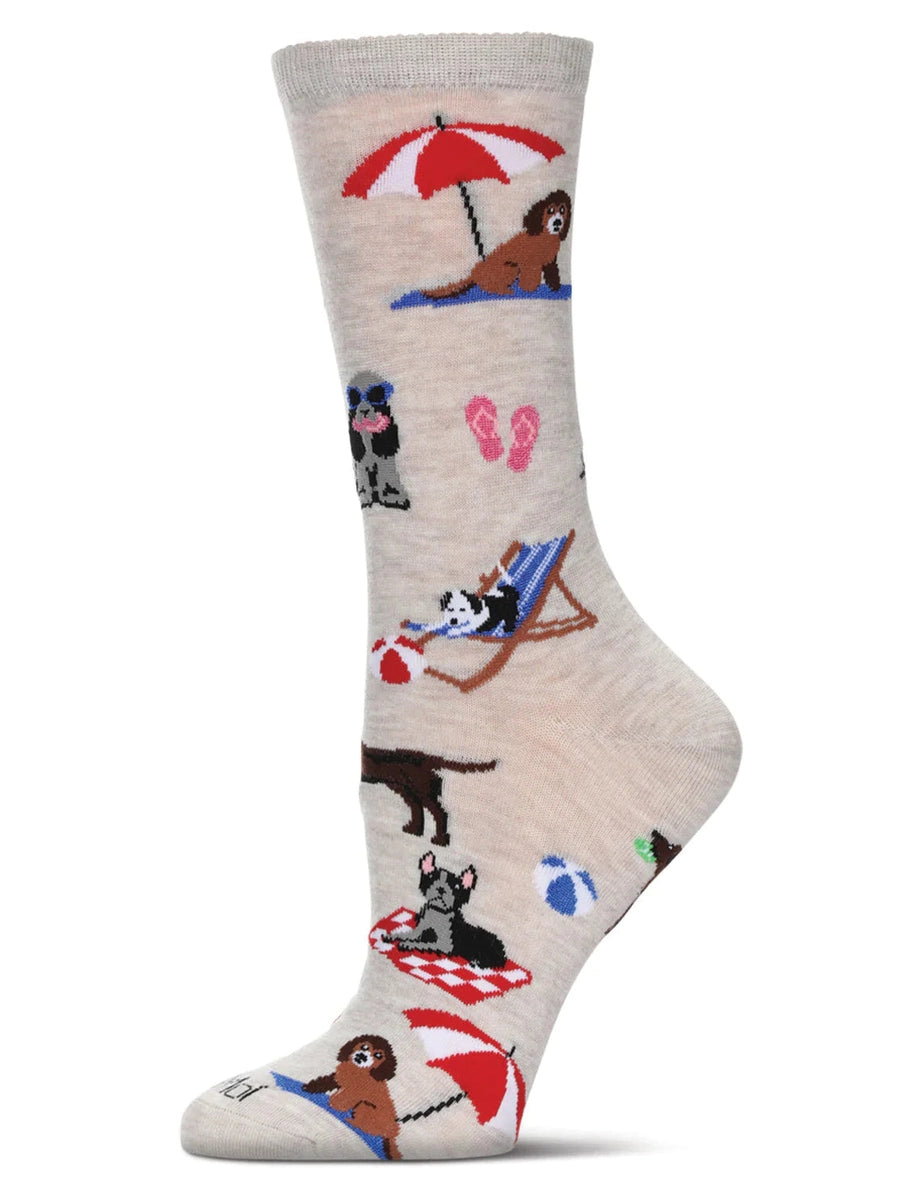 Women's Sock-Dogs On The Beach-Ivory Heather- Bamboo Crew Sock-Mcv08519