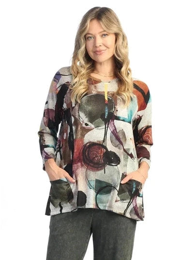 NB1-1856 Toscana Multi Brown Long Sleeve 2 Pocket Women's Top