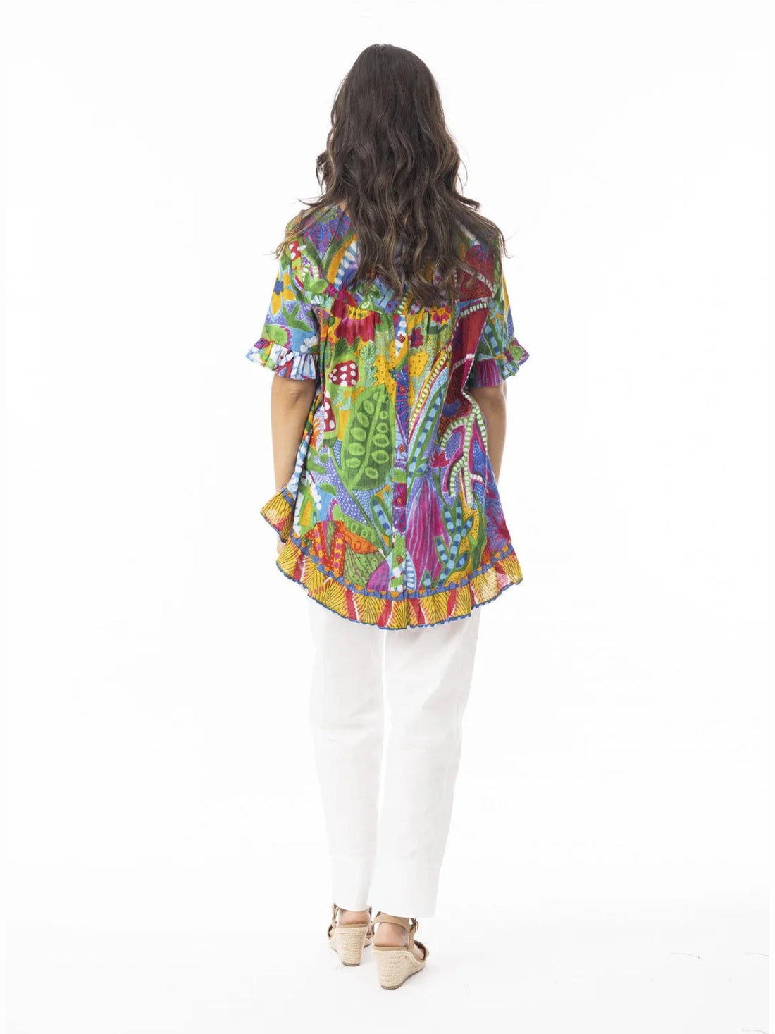Top Ipanema Frill 1/2 Sleeve Ruffle Bottom Button Back Multi Colored Abstract Print 42184