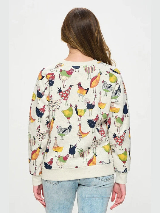 Sweat Shirt Pullover Colorful Rooster Print Women's Sw221