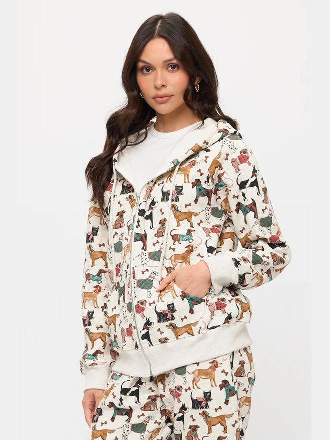 Jacket Holiday Dog Print Zip-Up 2 Pocket Hoodie HO16