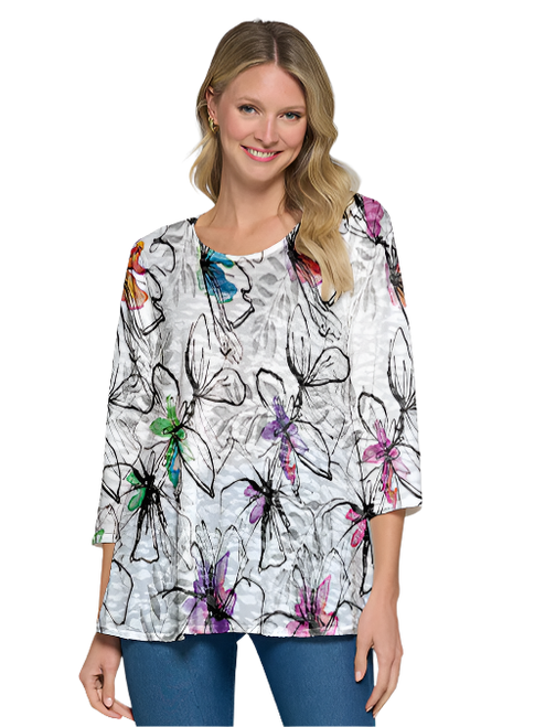 Shirt 3/4 Sleeve Multi Color White Abstract Honey k3140 781