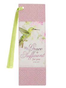 Bookmark My Grace Is Sufficient Pink Hummingbird Faux Leather BMF176