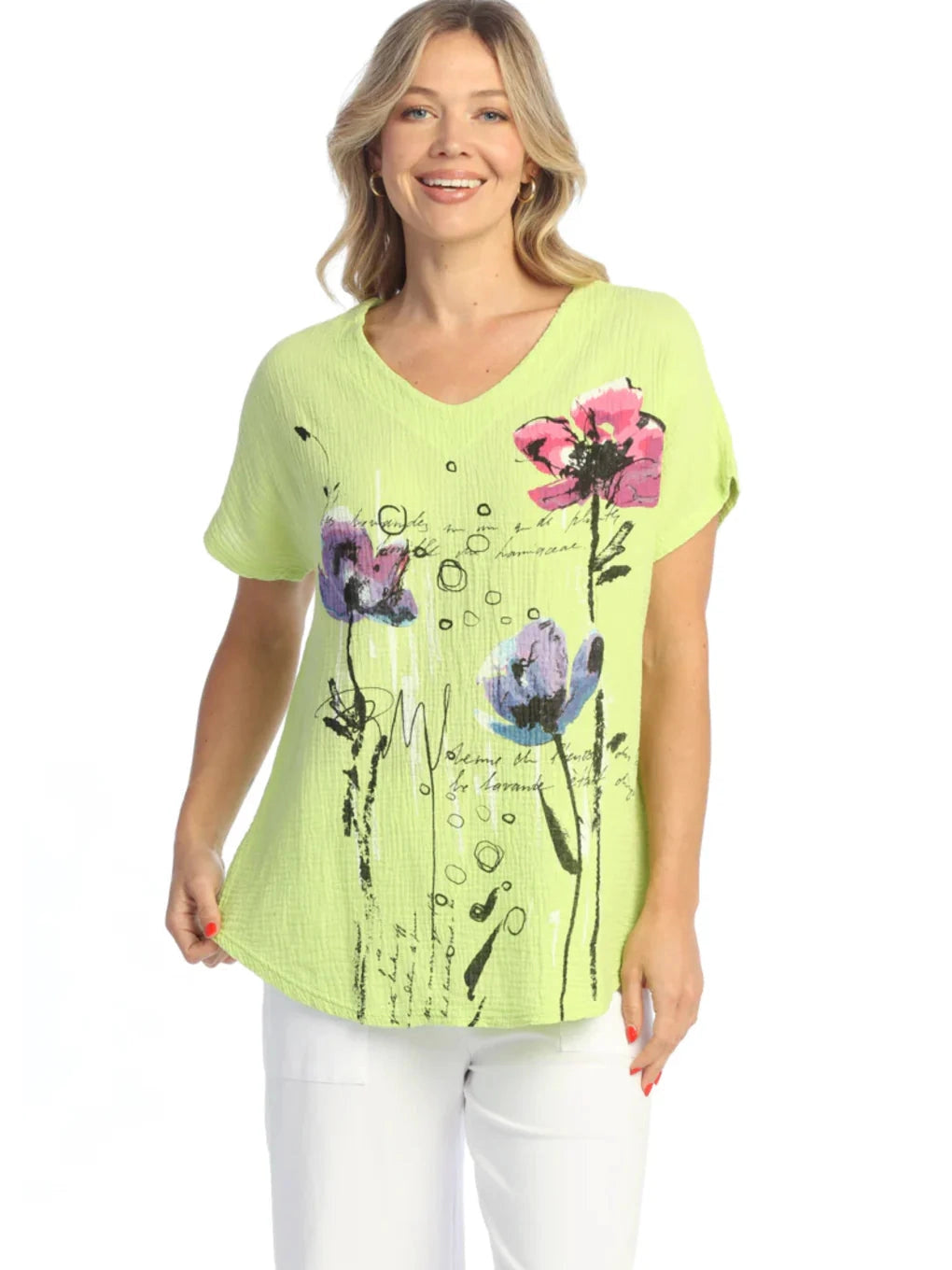 M104-2097 Riena Postcard Lime Green Floral Double Gauze Short Sleeve Women's Top