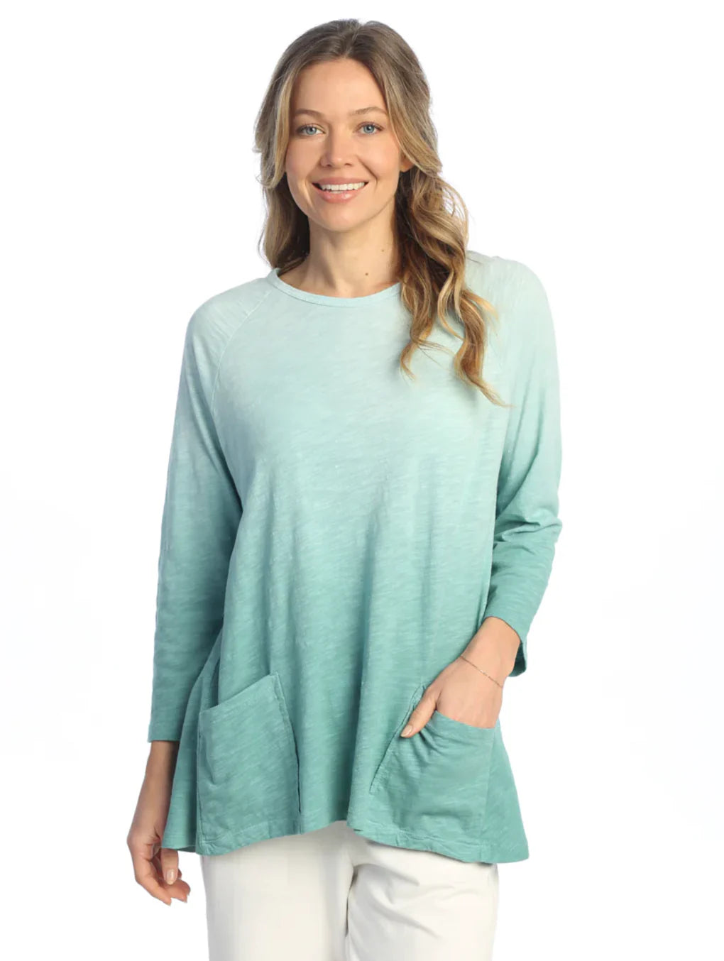 M12-2012 Dip 3/4 Sleeve 2 Pocket Tunic Top Multi Teal Womens Top
