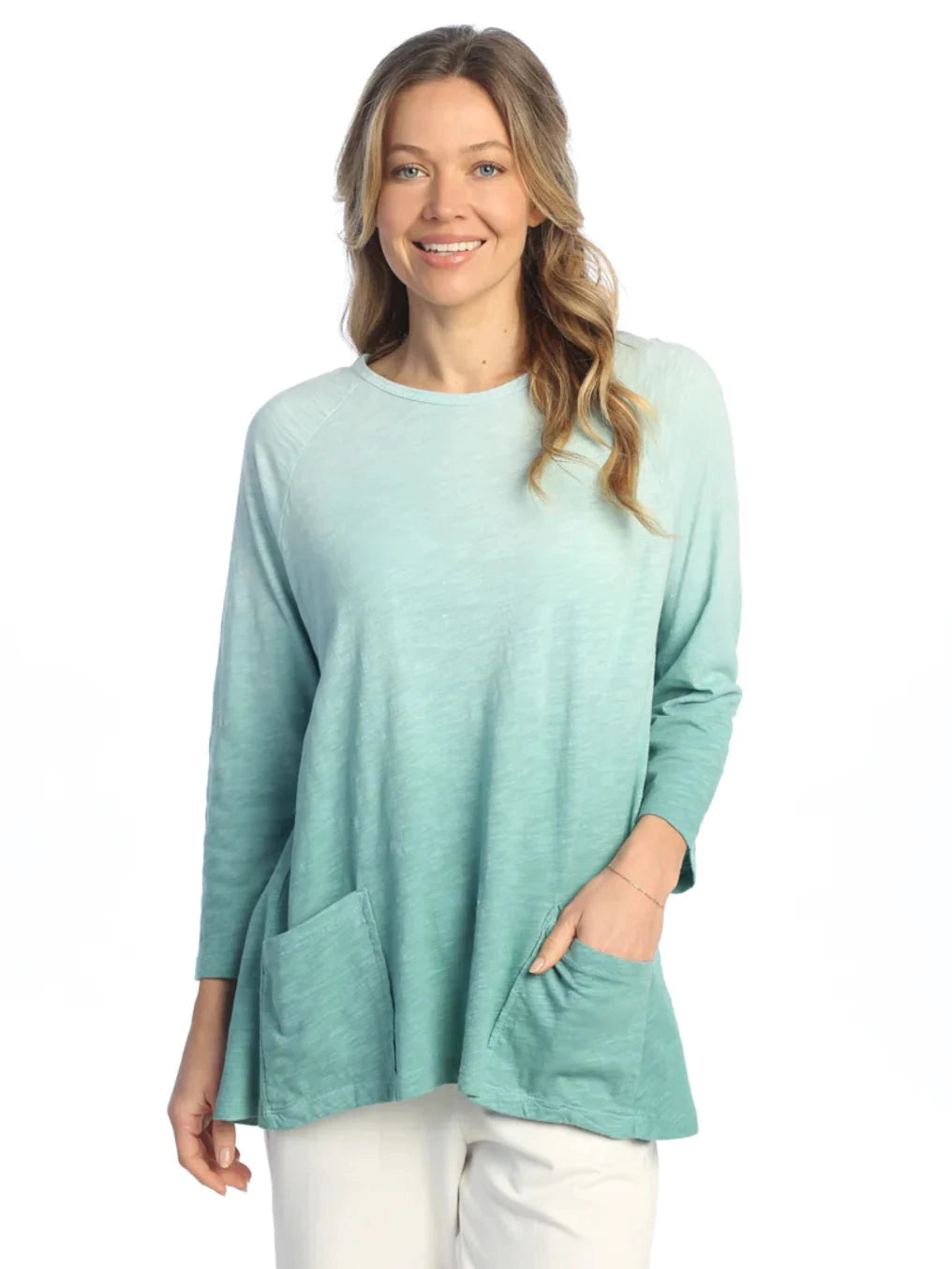 M12-2012 Dip 3/4 Sleeve 2 Pocket Tunic Top Multi Teal Womens Top