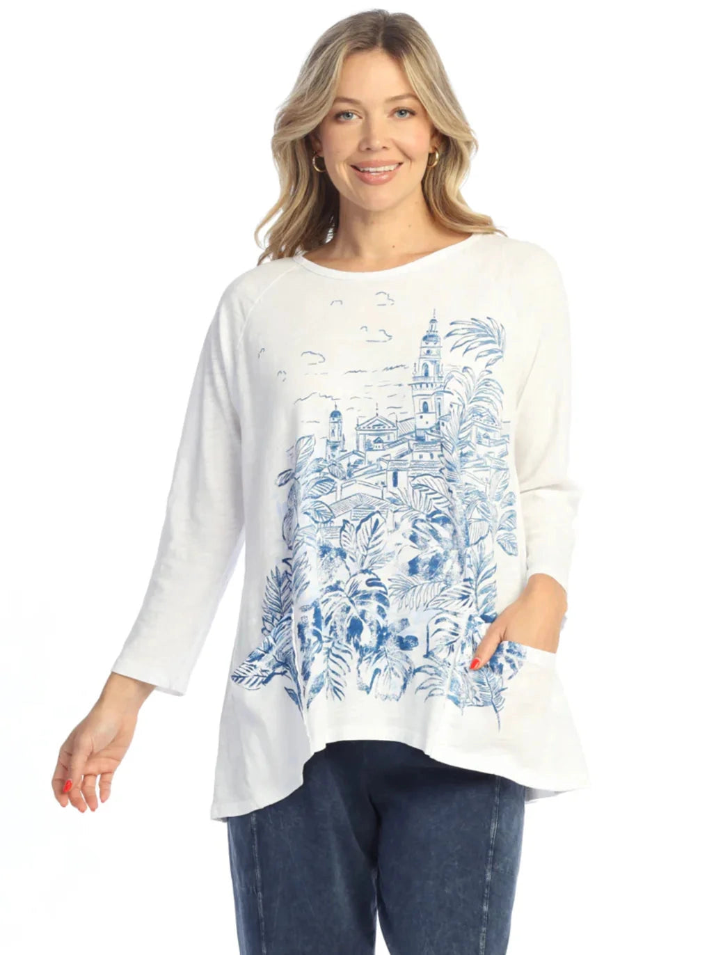 M12-2087 Europa 3/4 Sleeve 2 Pocket Tunic Top White/Blue Village Print Womens Top
