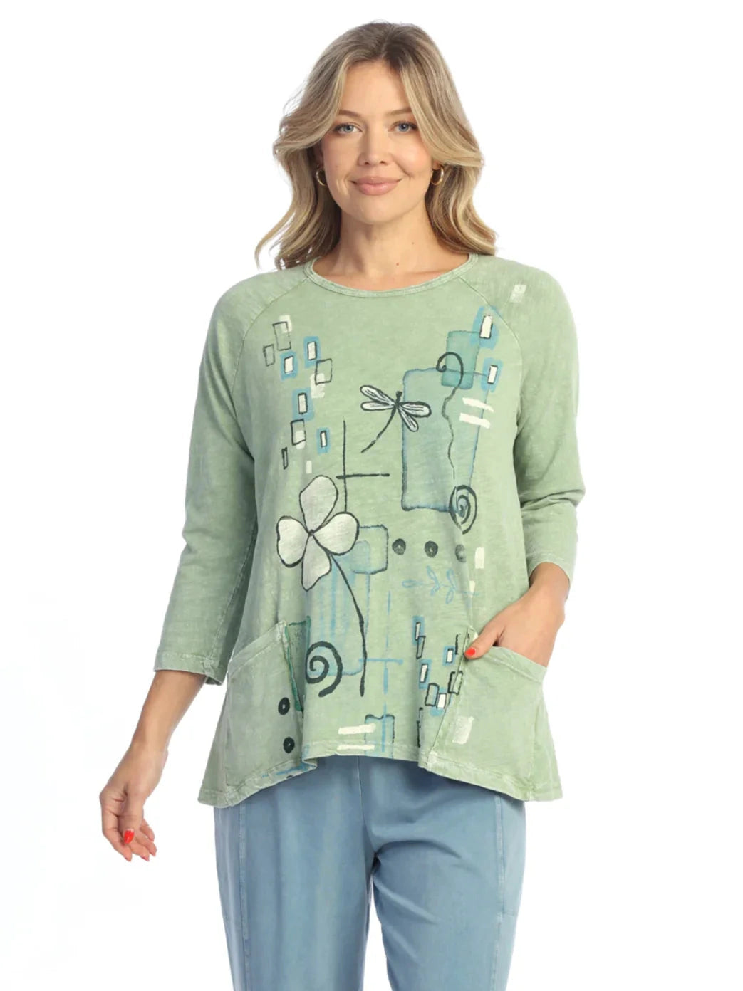 M12-2090 Carmel 3/4 Sleeve 2 Pocket Tunic Top Sage/Green Abstract Womens Top