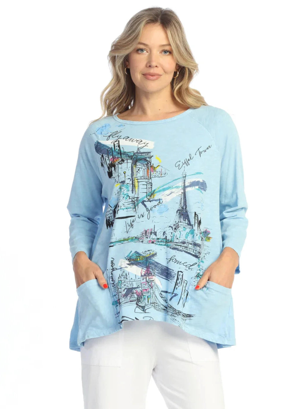 M12-2094 Icbn 3/4 Sleeve 2 Pocket Tunic Top Light Blue /Paris Womens Top