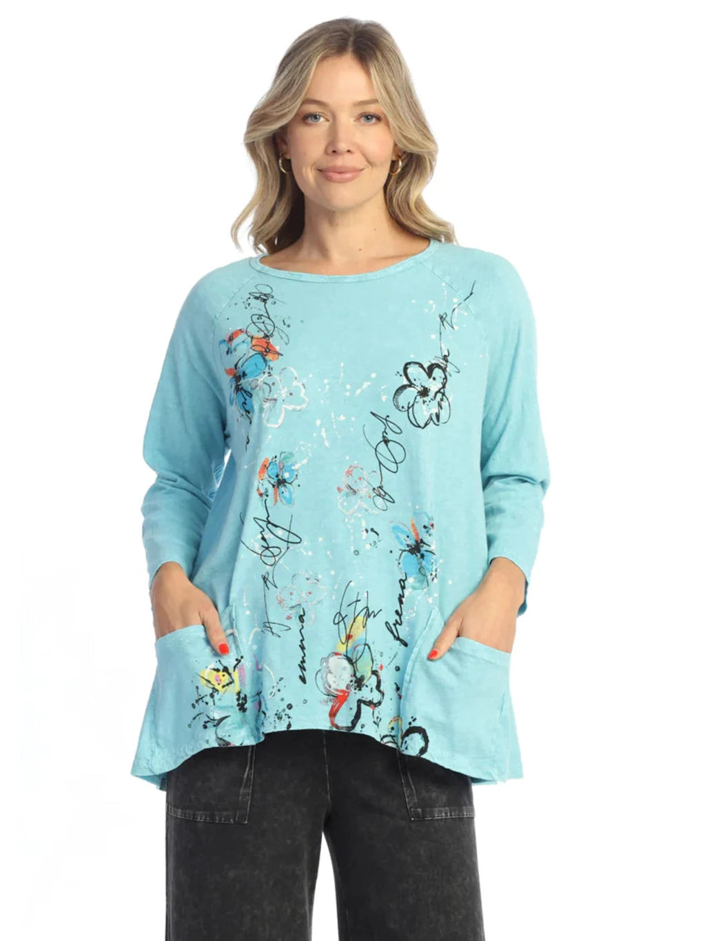 M12-2098 Confetti 3/4 Sleeve 2 Pocket Tunic Top Teal Abstract Womens Top