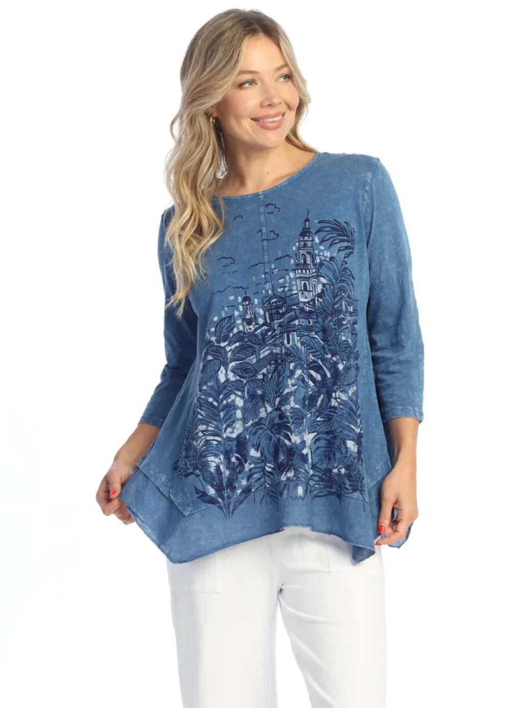 M126-2087 Indigo Paris Imprint Cotton Top With Linen Handkerchief Hem 3/4 Sleeve