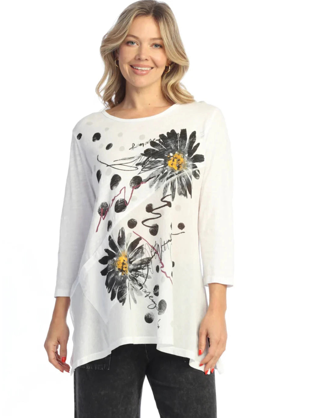 M62-2101 Retro 3/4 Sleeve Tunic Top White Flower Womens Top