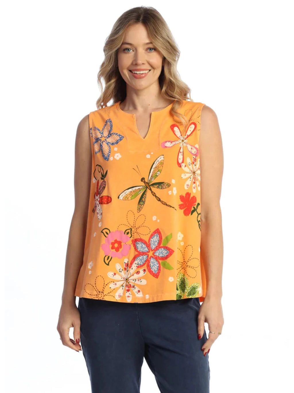 Wk7-1228 Para Good Times Orange Dragon Fly Sleeveless Notch Neck Women's Top